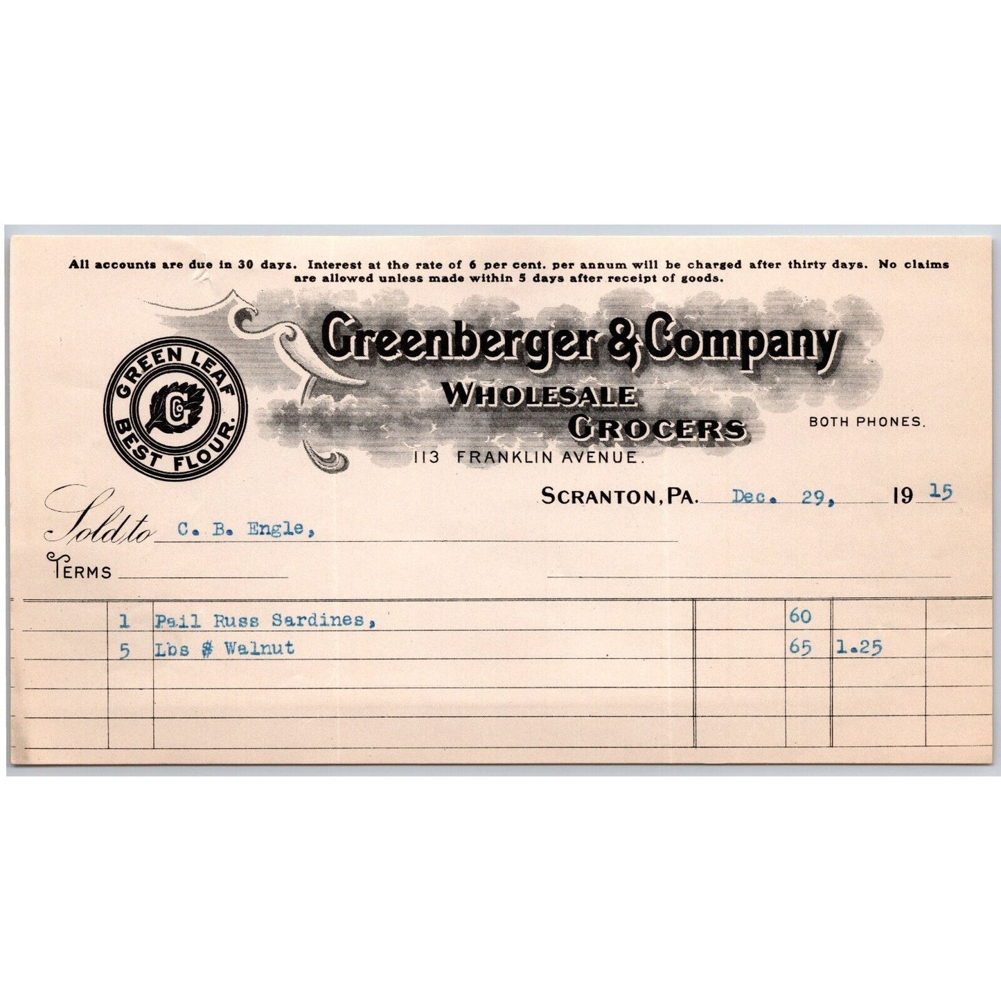 Scranton, PA Greenberger & Co. Grocers 1915 "C.B. Engel" Billhead Sardines