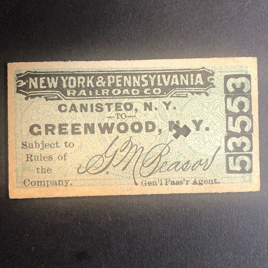 New York & Pennsylvania Railroad July 14 1917 Greenwood, NY Ticket #53553