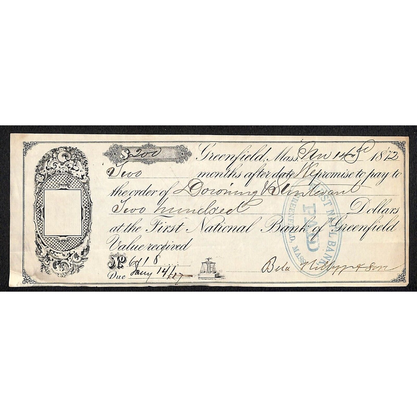 1872 First National Bank of Greenfield, MA $200 Promissory Note