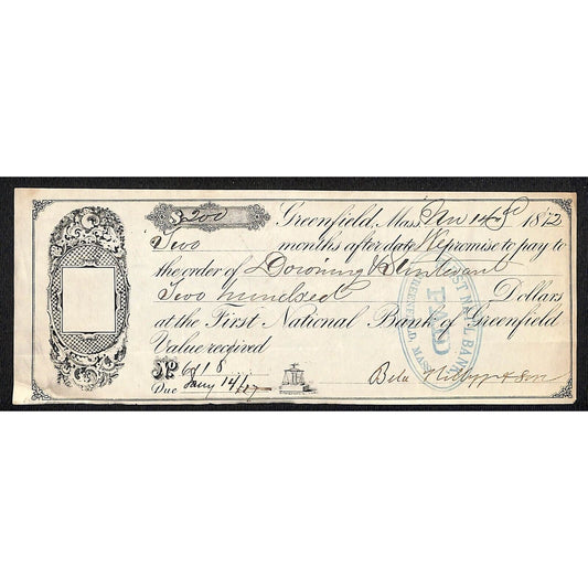 1872 First National Bank of Greenfield, MA $200 Promissory Note