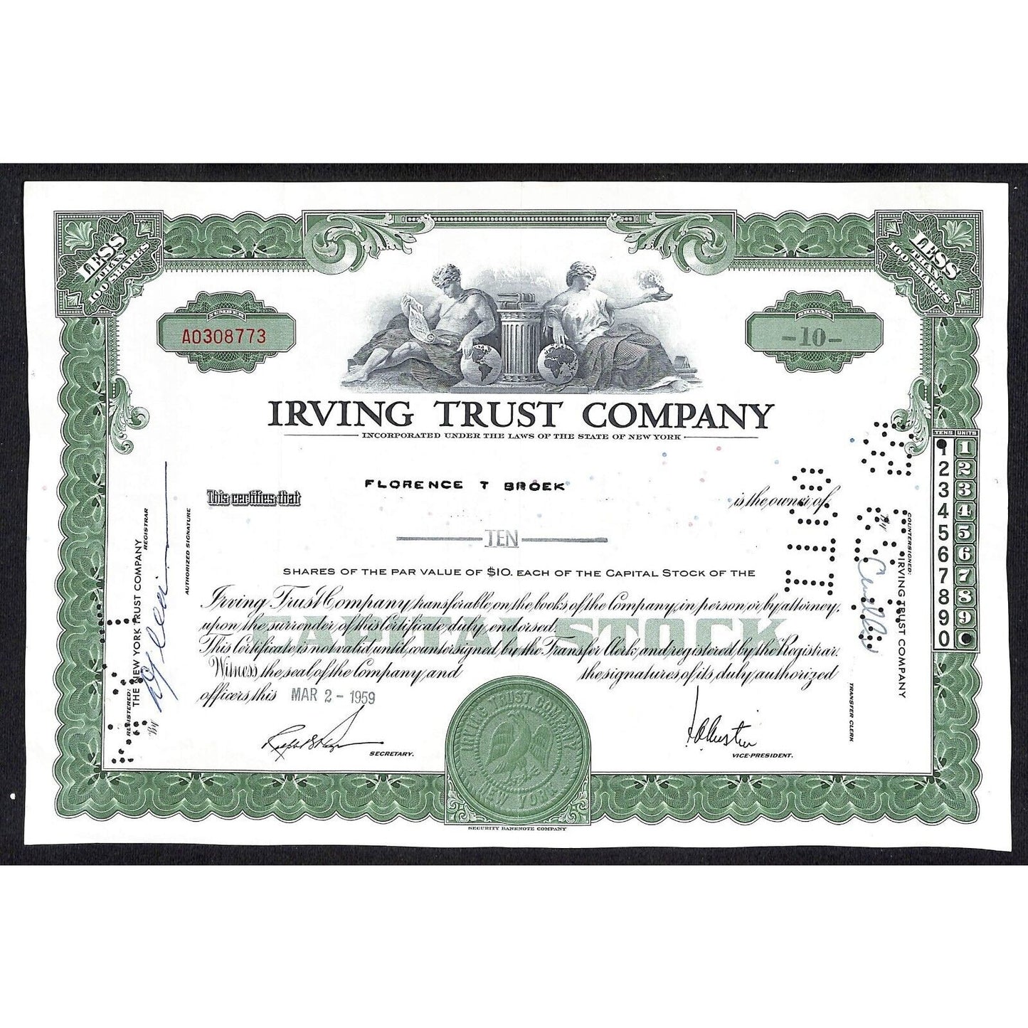 Irving Trust Company NY 1959 Stock Certificate Florence T Broek
