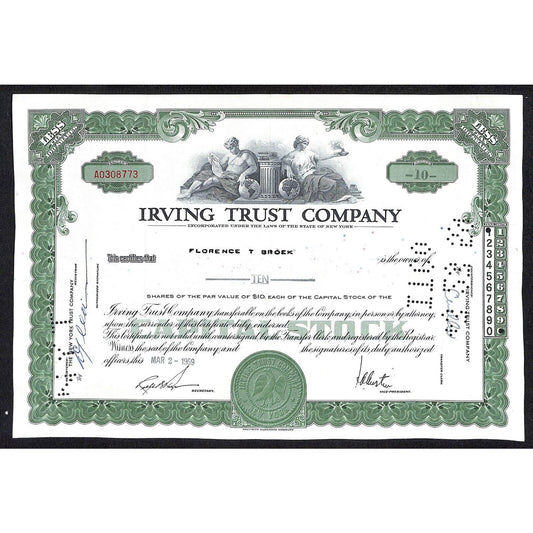 Irving Trust Company NY 1959 Stock Certificate Florence T Broek