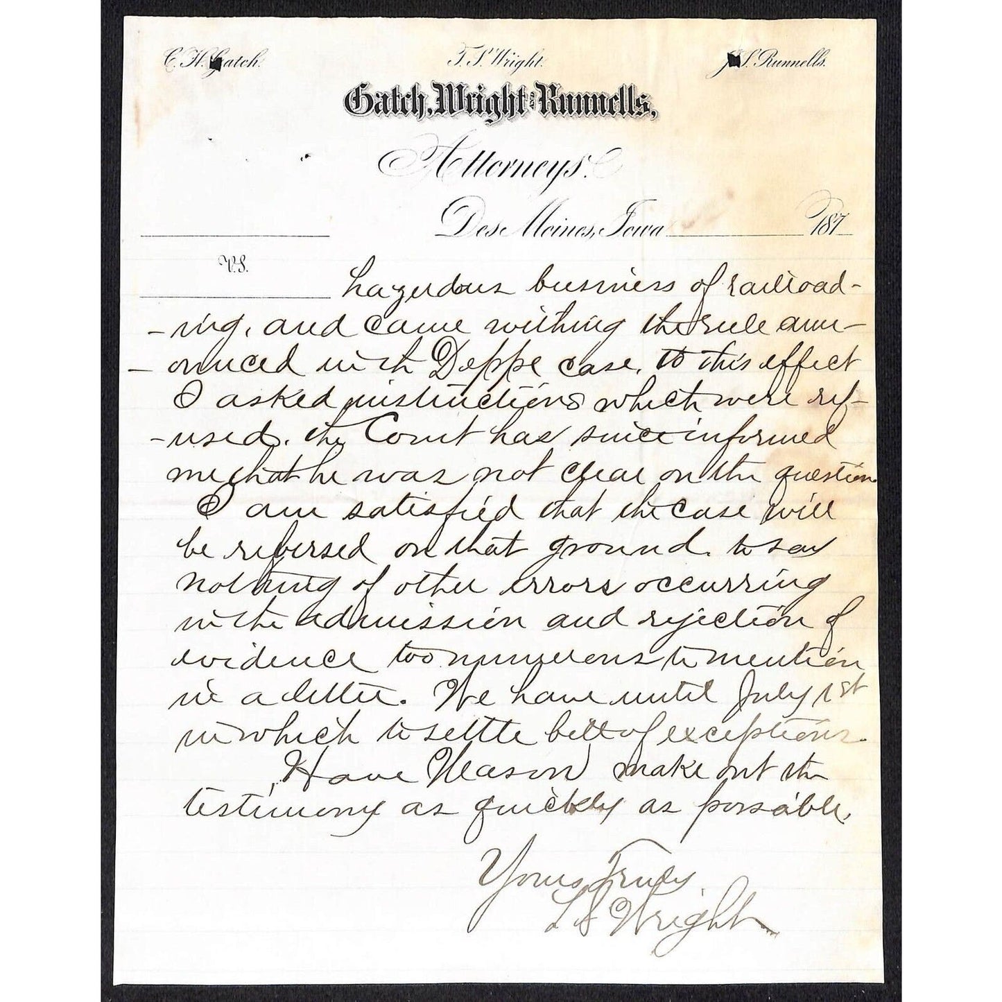 Gatch, Wright and Runnells c1872-74 Partial Letter "..Hazardous..Railroading"