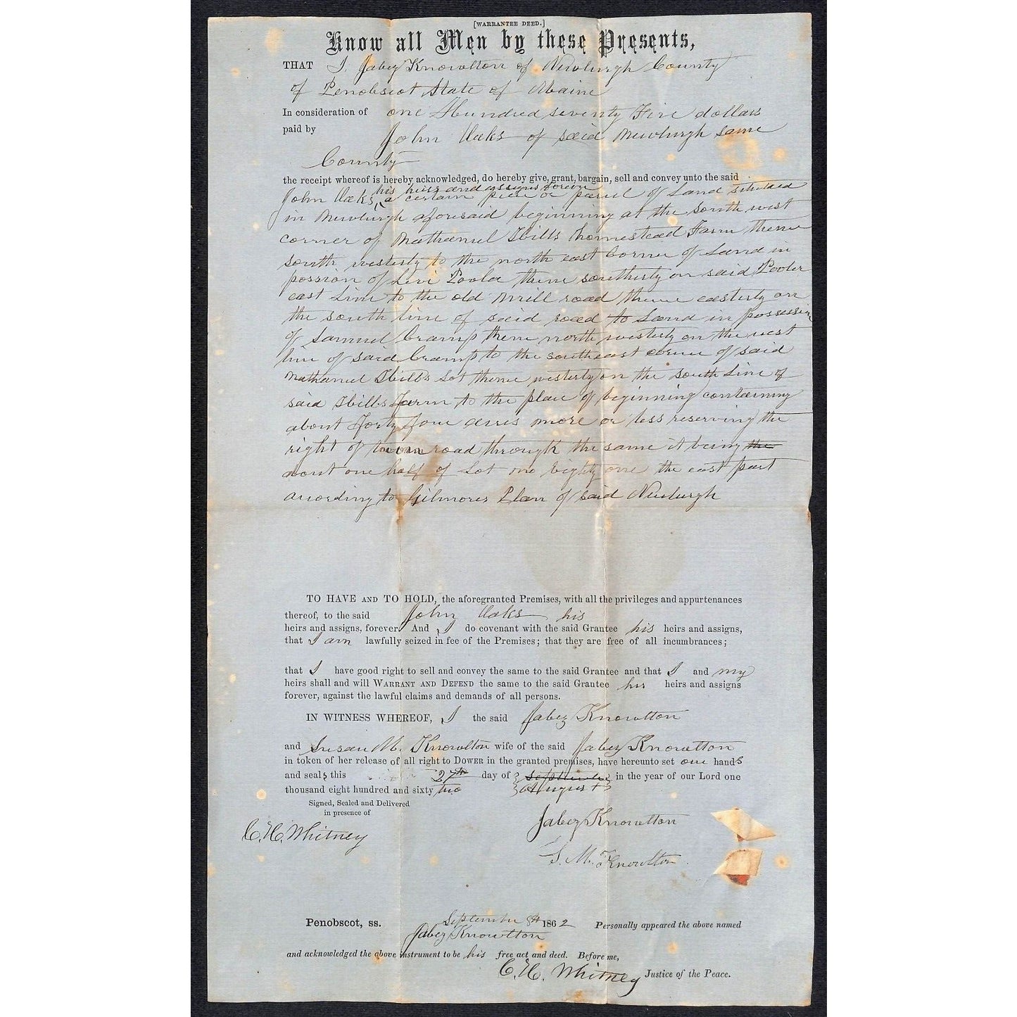 1862 Warranty Deed Jabez Knowlton* to John Oaks Newburgh, ME