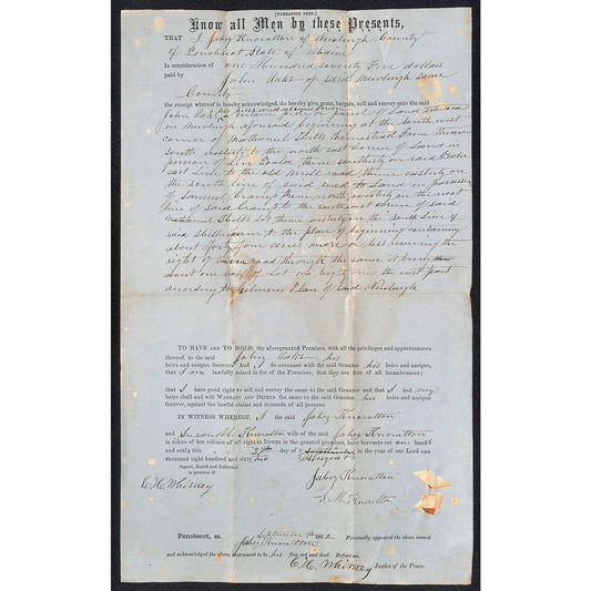 1862 Warranty Deed Jabez Knowlton* to John Oaks Newburgh, ME
