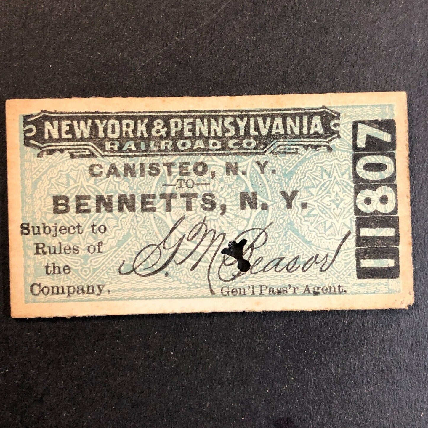 New York & Pennsylvania Railroad July 4 1917 Bennetts, NY Ticket #11807