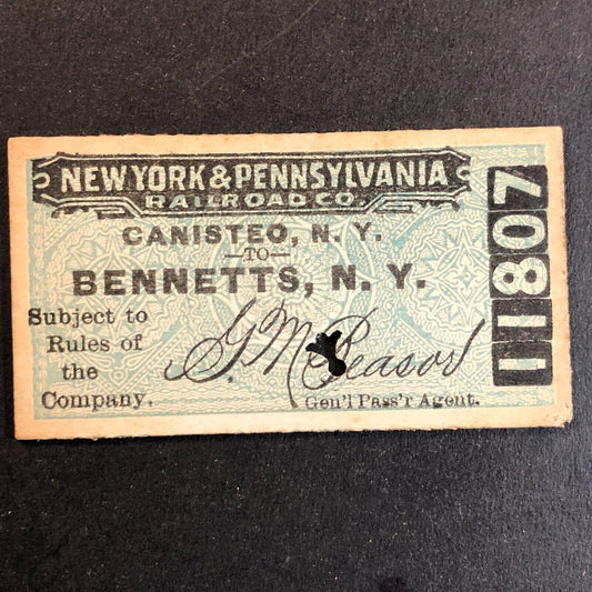 New York & Pennsylvania Railroad July 4 1917 Bennetts, NY Ticket #11807