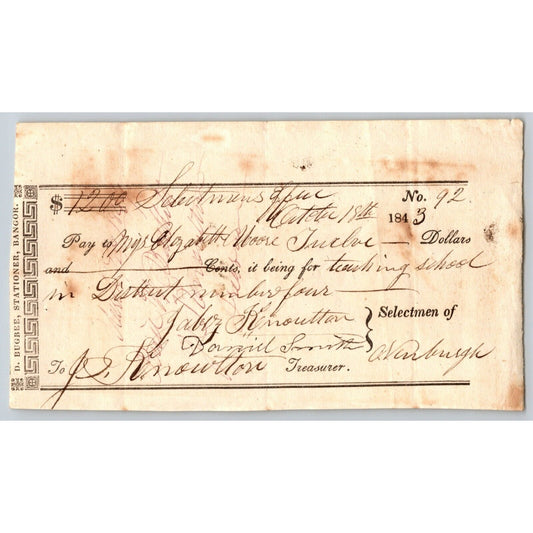 1843 Jabez Knowlton* Newburgh, ME Town Check Elizabeth Moore Teacher No. 92