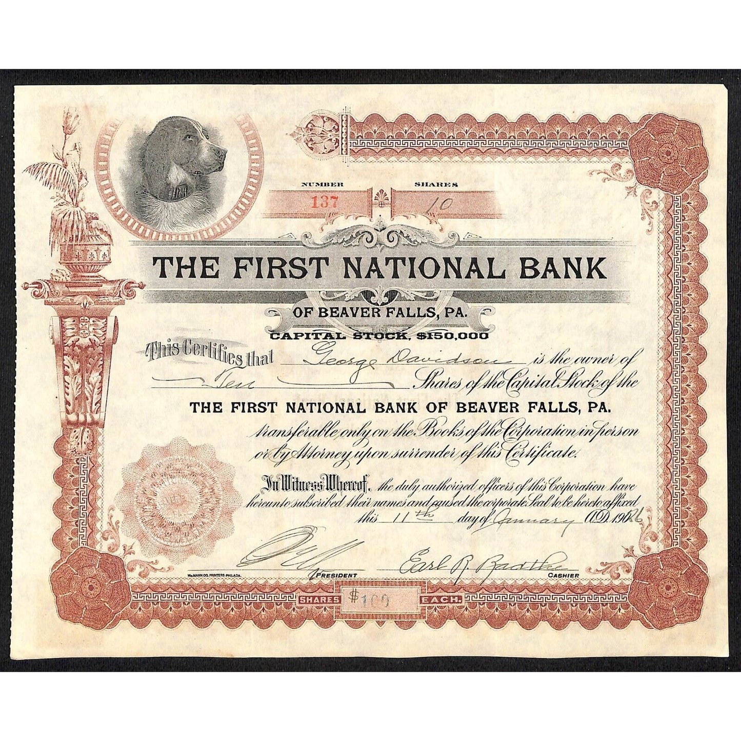 First National Bank of Beaver Falls PA 1906 Stock Certificate to George Davidson