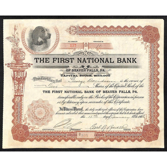 First National Bank of Beaver Falls PA 1906 Stock Certificate to George Davidson