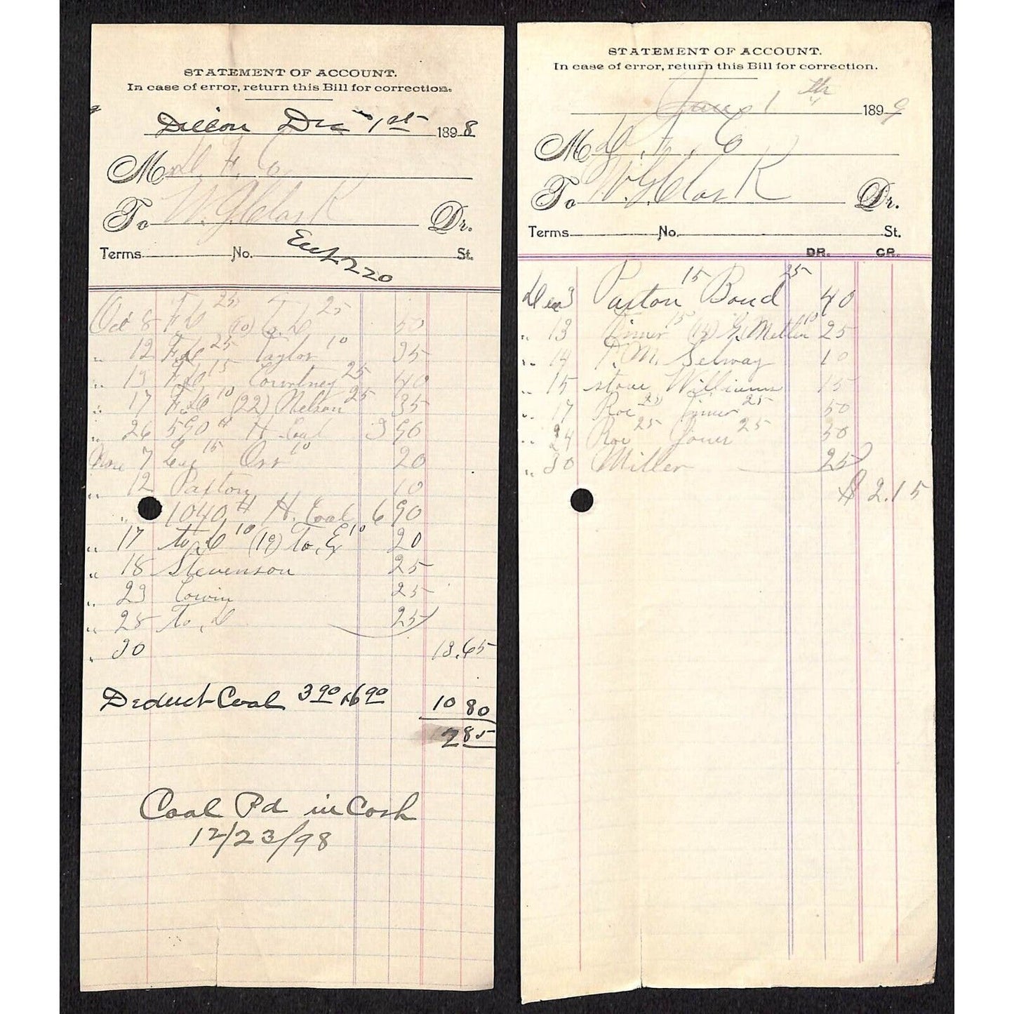 Dillon, MT Dillon Furniture Co, Pair of 1898 1899 Billhead / Statement / Bill