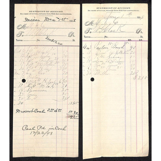 Dillon, MT Dillon Furniture Co, Pair of 1898 1899 Billhead / Statement / Bill