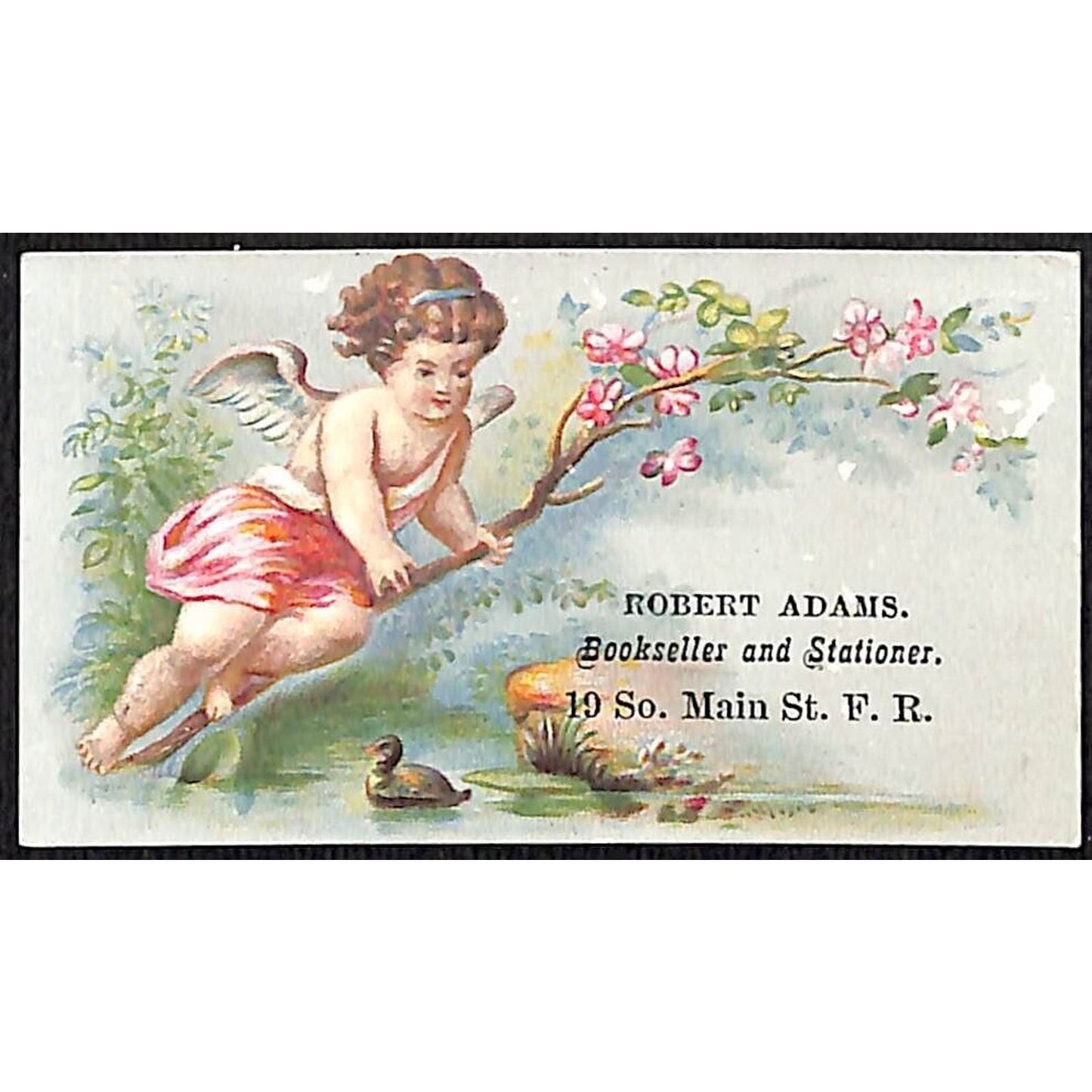 Fall River, MA Robert Adams Booker Seller Victorian Trade Card VGC Cherub Duck