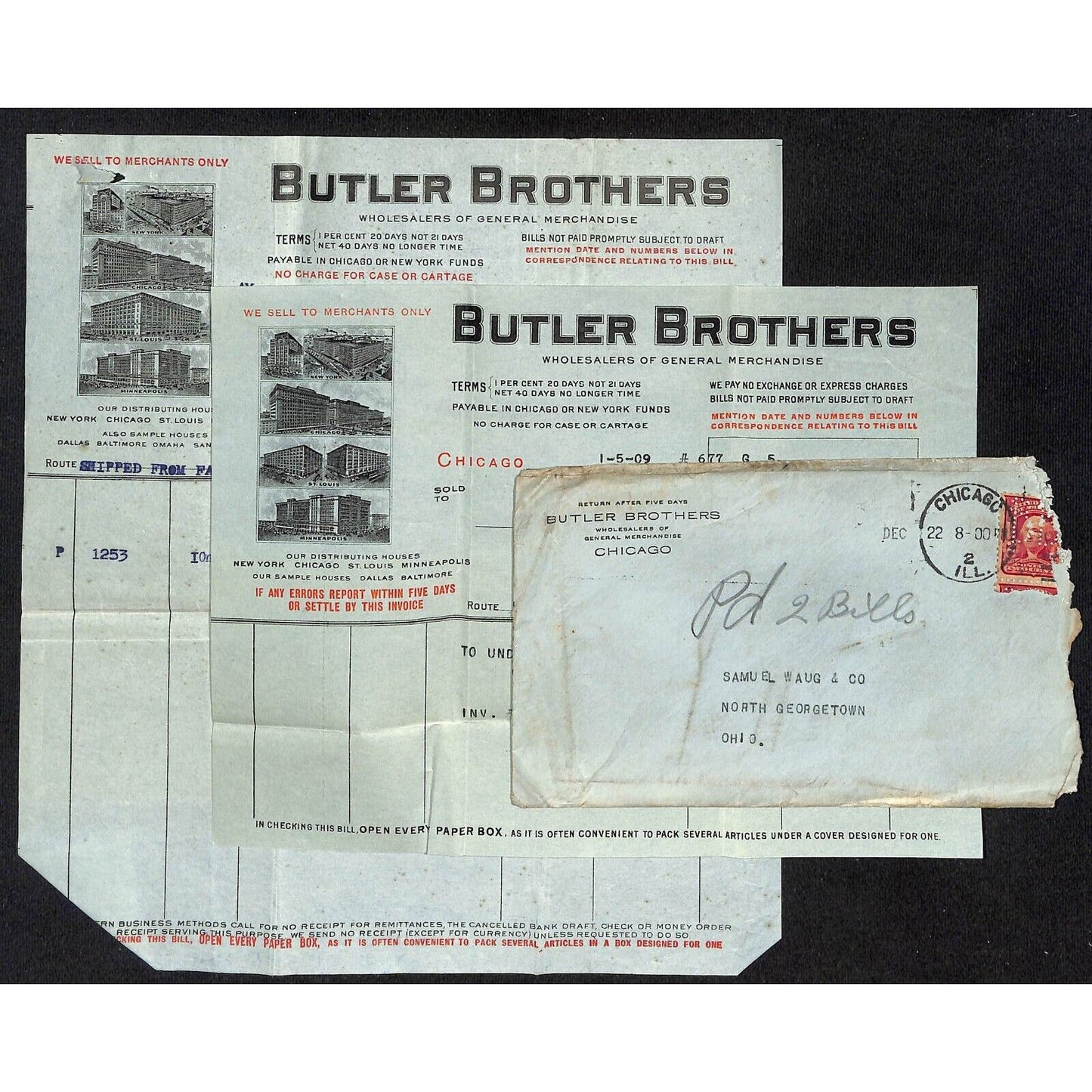 Butler Brothers Chicago Samuel Wang Co* N. Georgetown 1908-1909 Billhead & Cover