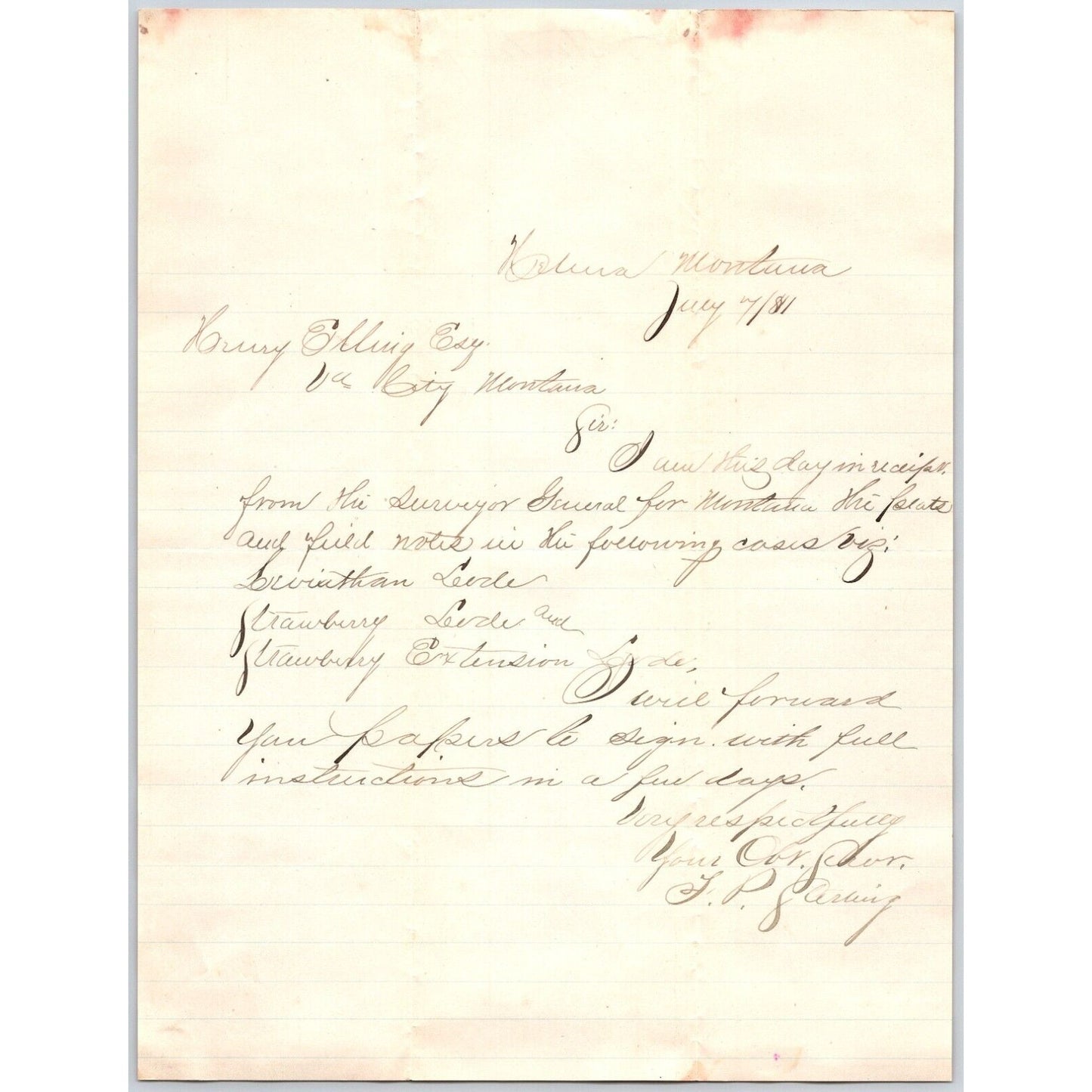 1881 ALS F.P. Sterling Helena, MT to Henry Elling* Virginia City, MT - Surveyor