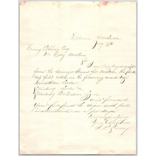1881 ALS F.P. Sterling Helena, MT to Henry Elling* Virginia City, MT - Surveyor