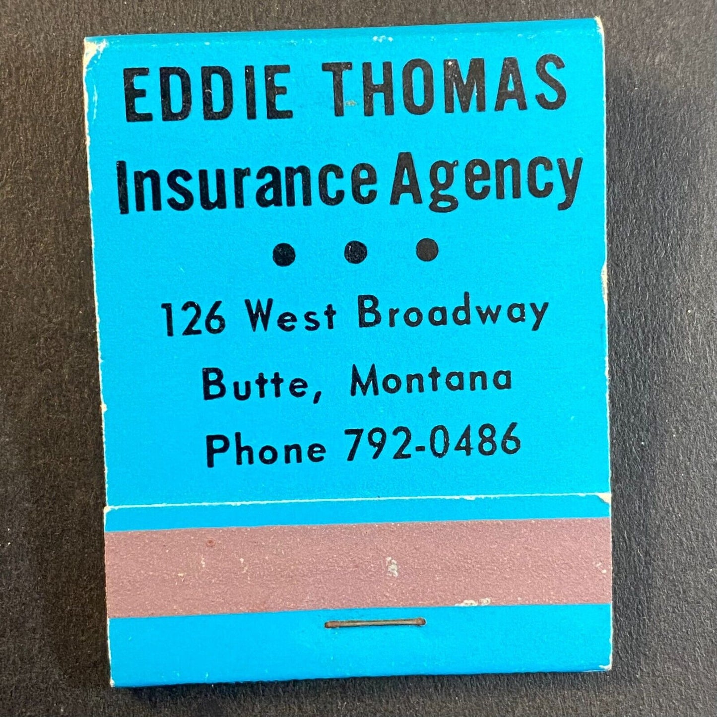 Butte, MT Eddie Thomas Insurance Agency Full Matchbook c1960's-73 VGC