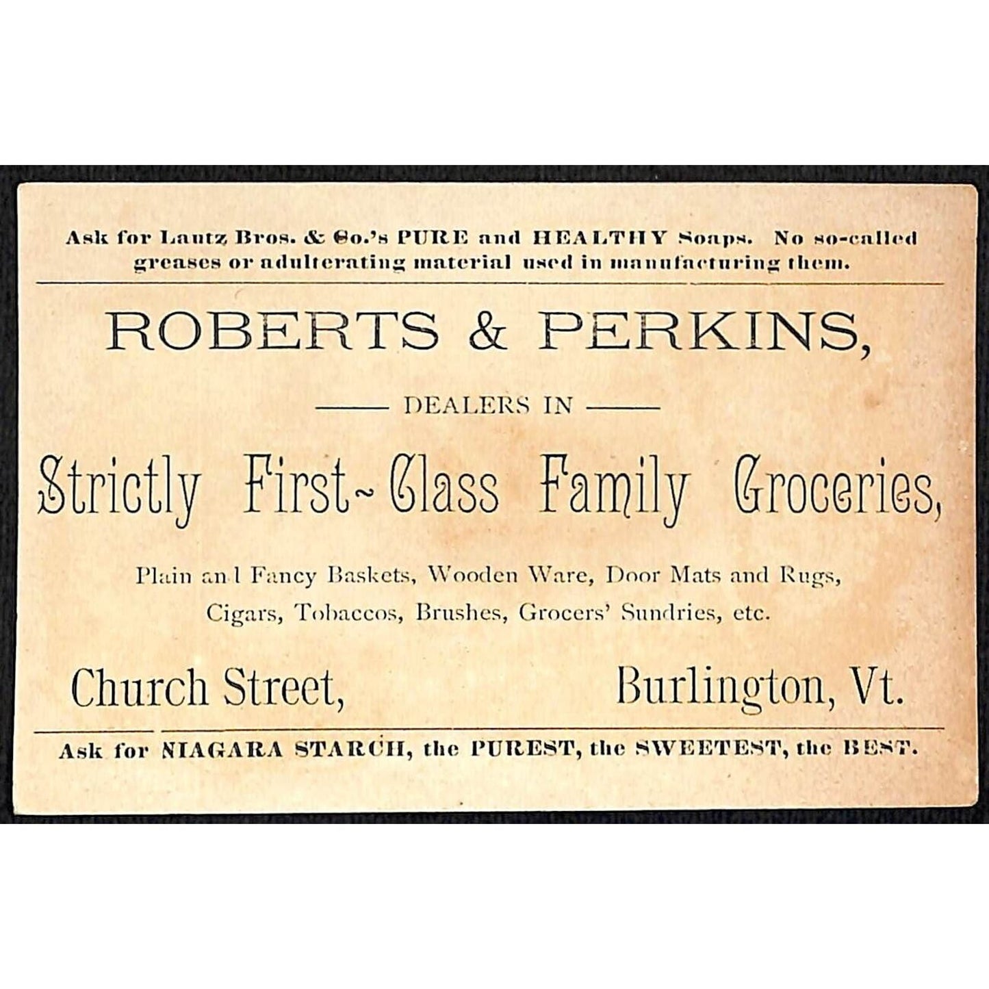 Burlington, VT Roberts & Perkins Groceries Victorian Trade Card Rabbit Bird