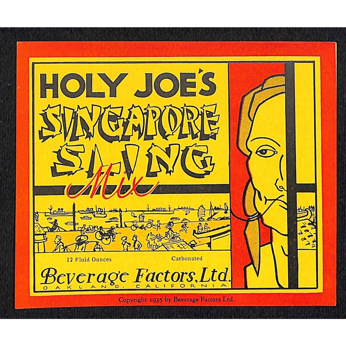Holy Joe's Singapore Sling Mix Beverage Label Oakland, CA c1935-40's VGC Scarce
