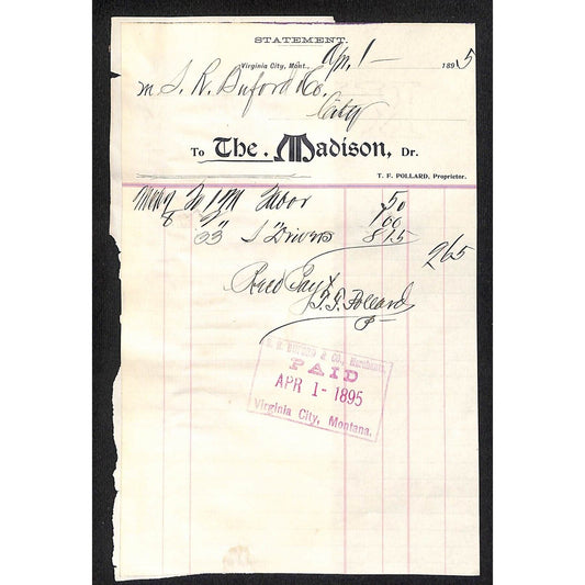 Virginia City, MT "The Madison" (Hotel) 1895 Billhead / Statement Buford*