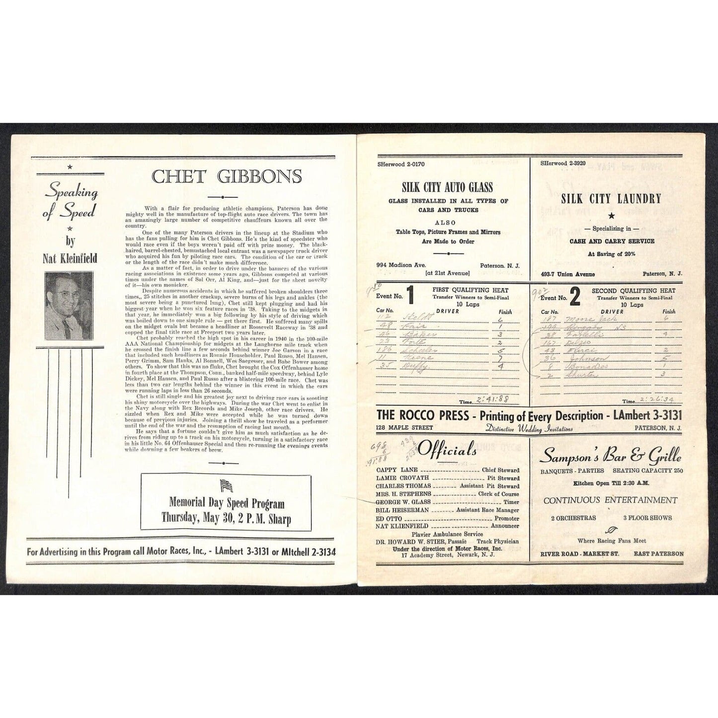 Hinchliffe Stadium Midget Auto Races 5/29/1946 Program Chet Gibbins 4pp Scarce