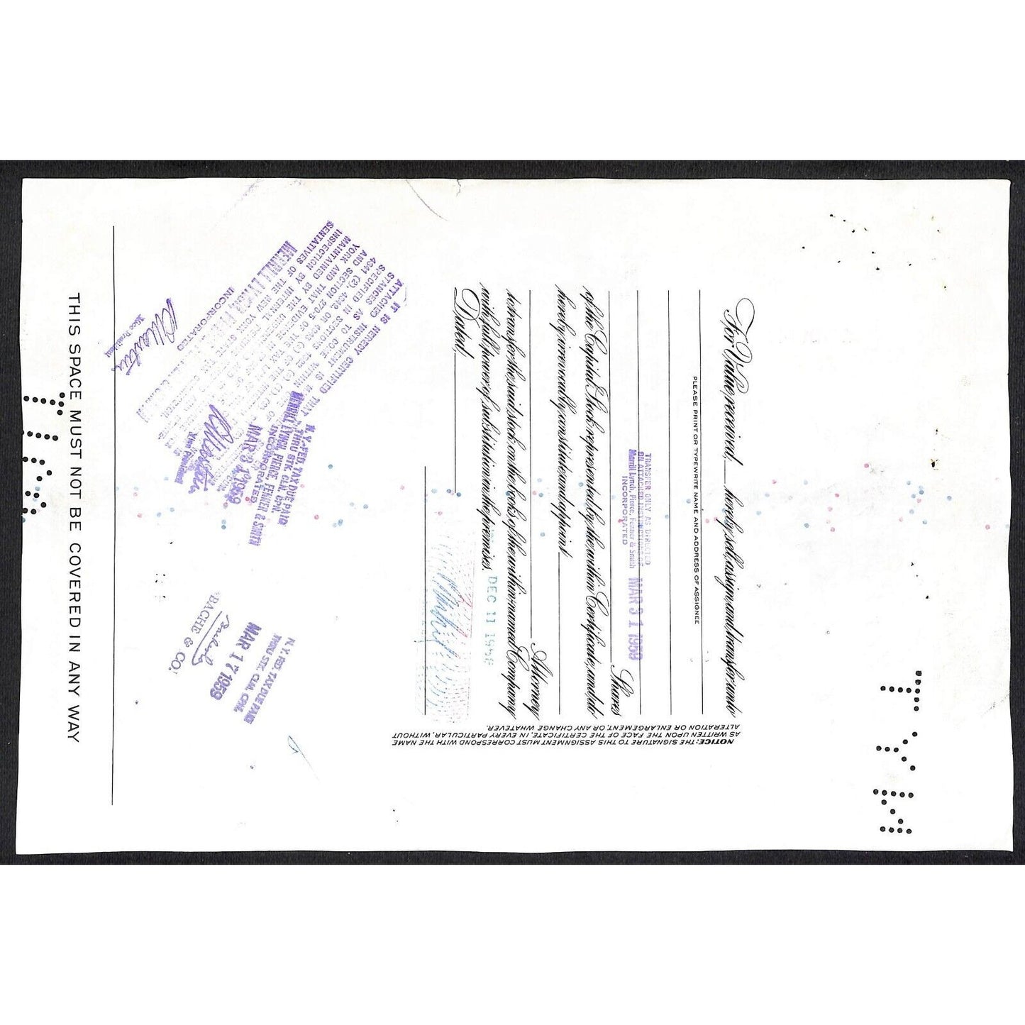 Irving Trust Company NY 1958 Stock Certificate to: Bache & Co. #161147