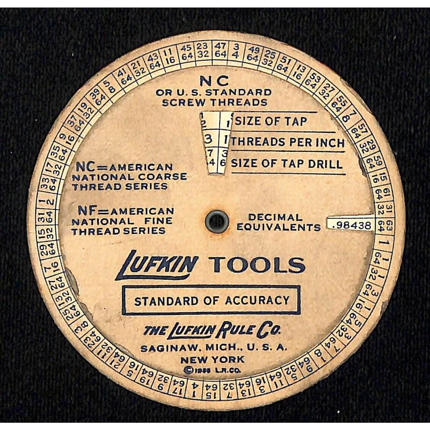 Lufkin Rule Co Saginaw MI Lufkin Tools Tap Thread Drill Size Guide c1935-40's