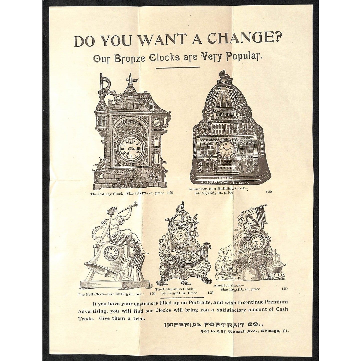 Imperial Portrait Co. Chicago c1897 Bronze Clock Product Sheet VGC