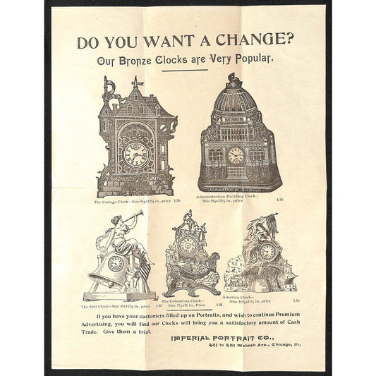 Imperial Portrait Co. Chicago c1897 Bronze Clock Product Sheet VGC