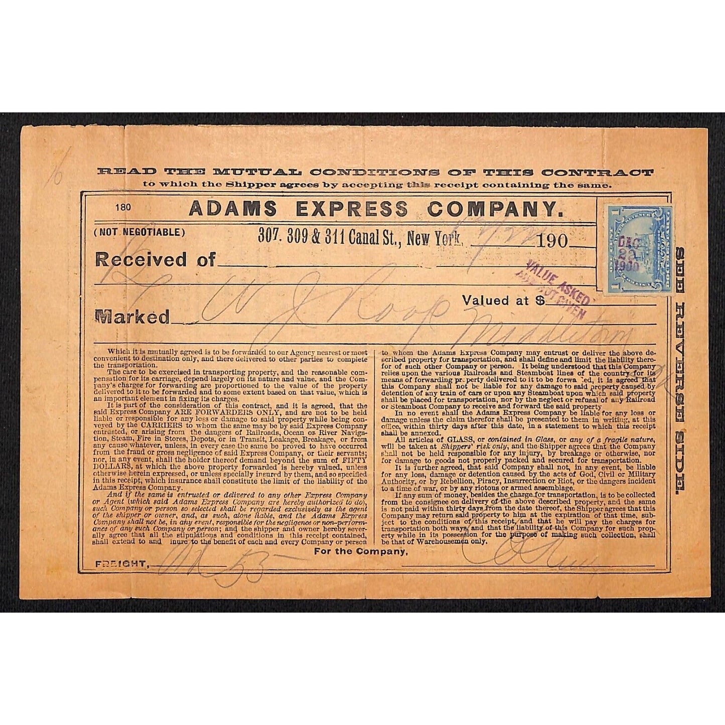 Adams Express Company 1900 Receipt Canal Street w/ Other NYC Locations