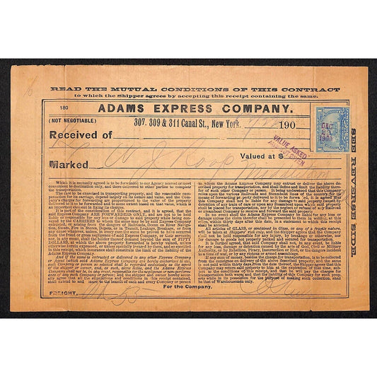 Adams Express Company 1900 Receipt Canal Street w/ Other NYC Locations