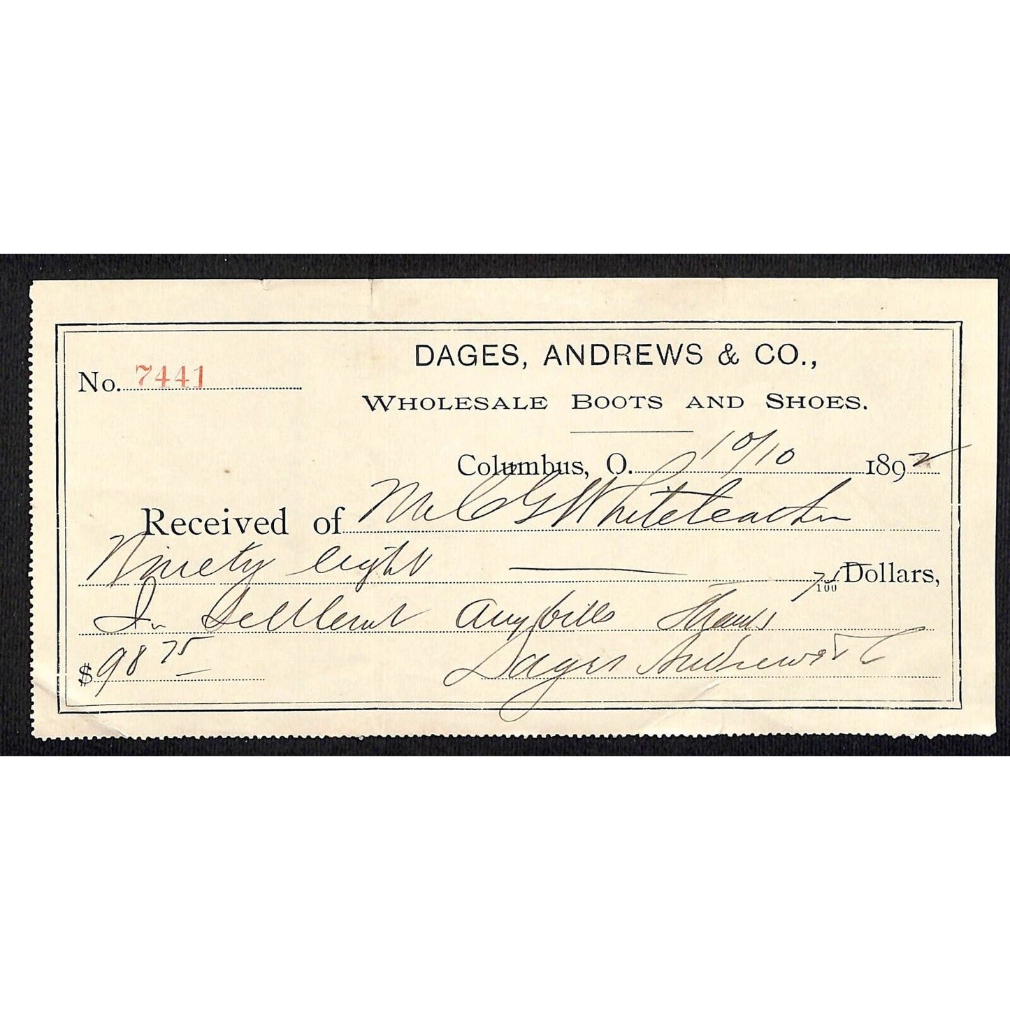Dages, Andrews & Co. Columbus 1892 Receipt Whiteleather* N. Georgetown, OH