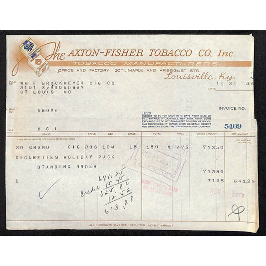 Louisville, KY The Axton-Fisher Tobacco Co. Spud Twenty Grand Nov 1938 Billhead