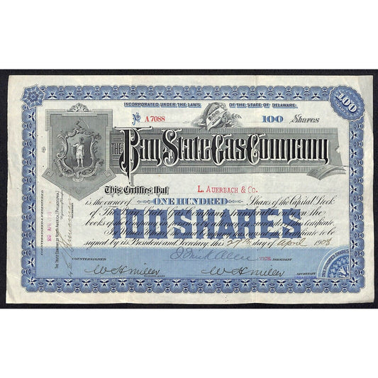 Bay State Gas Company Delaware 1908 Stock Certificate L. Auerbach & Co. Blue