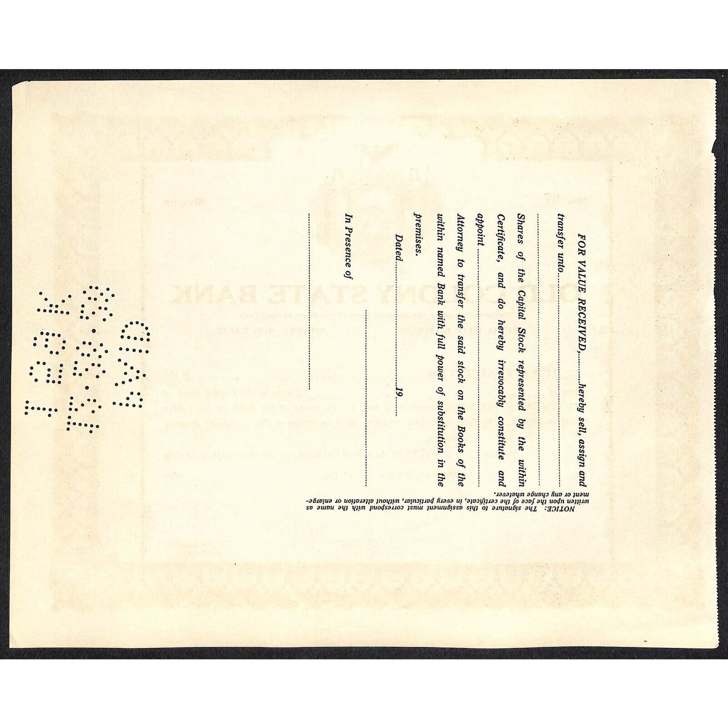 Old Colony State Bank NY c1925 (1928 Cancel) Stock Certificate Unissued #86 VGC