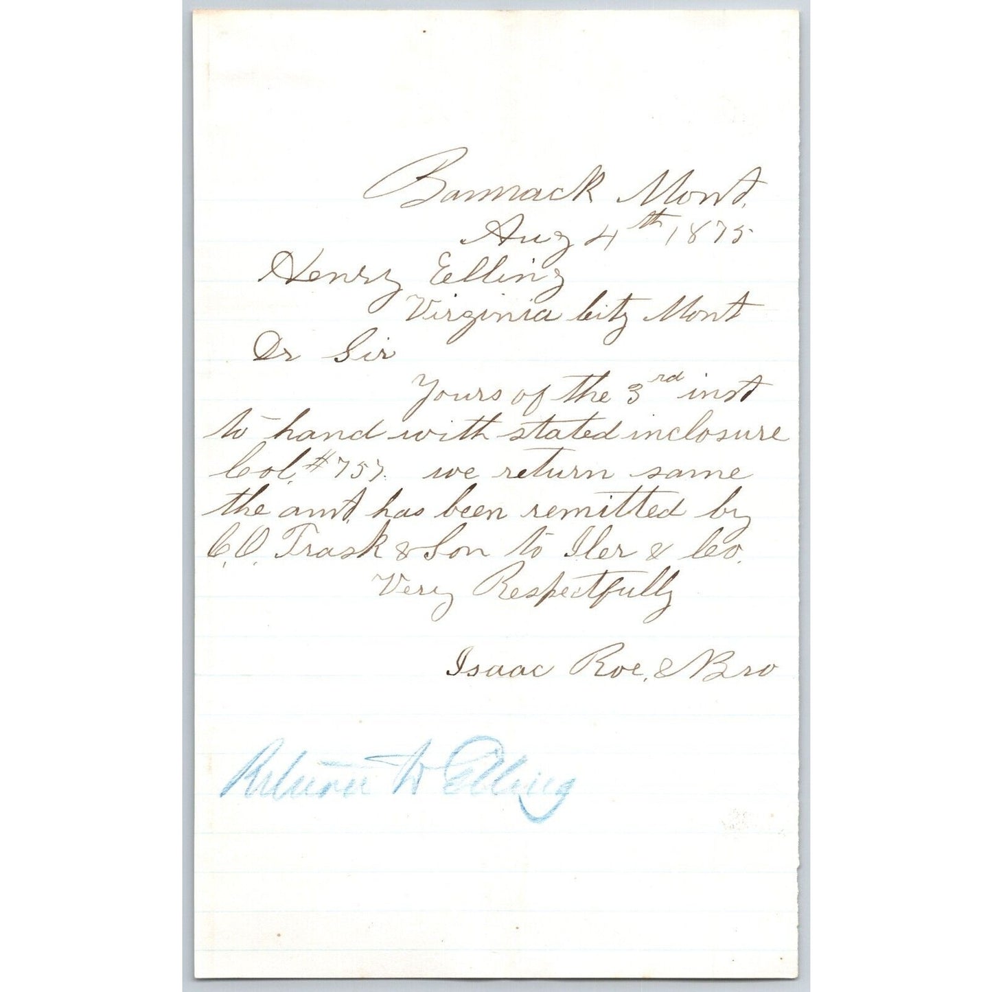 1875 ALS from Isaac Roe & Bro. (Bankers ) Bannack City, MT to Henry Elling*
