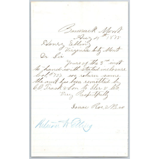 1875 ALS from Isaac Roe & Bro. (Bankers ) Bannack City, MT to Henry Elling*
