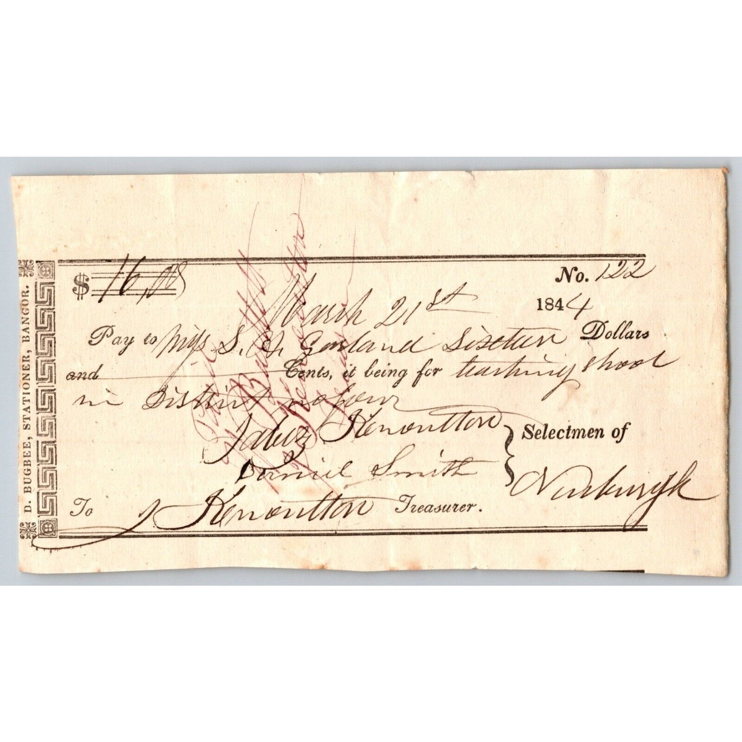 1844 Jabez Knowlton* Newburgh ME Town Check to Miss Sophia A. Garland Teaching