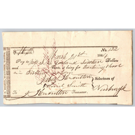 1844 Jabez Knowlton* Newburgh ME Town Check to Miss Sophia A. Garland Teaching