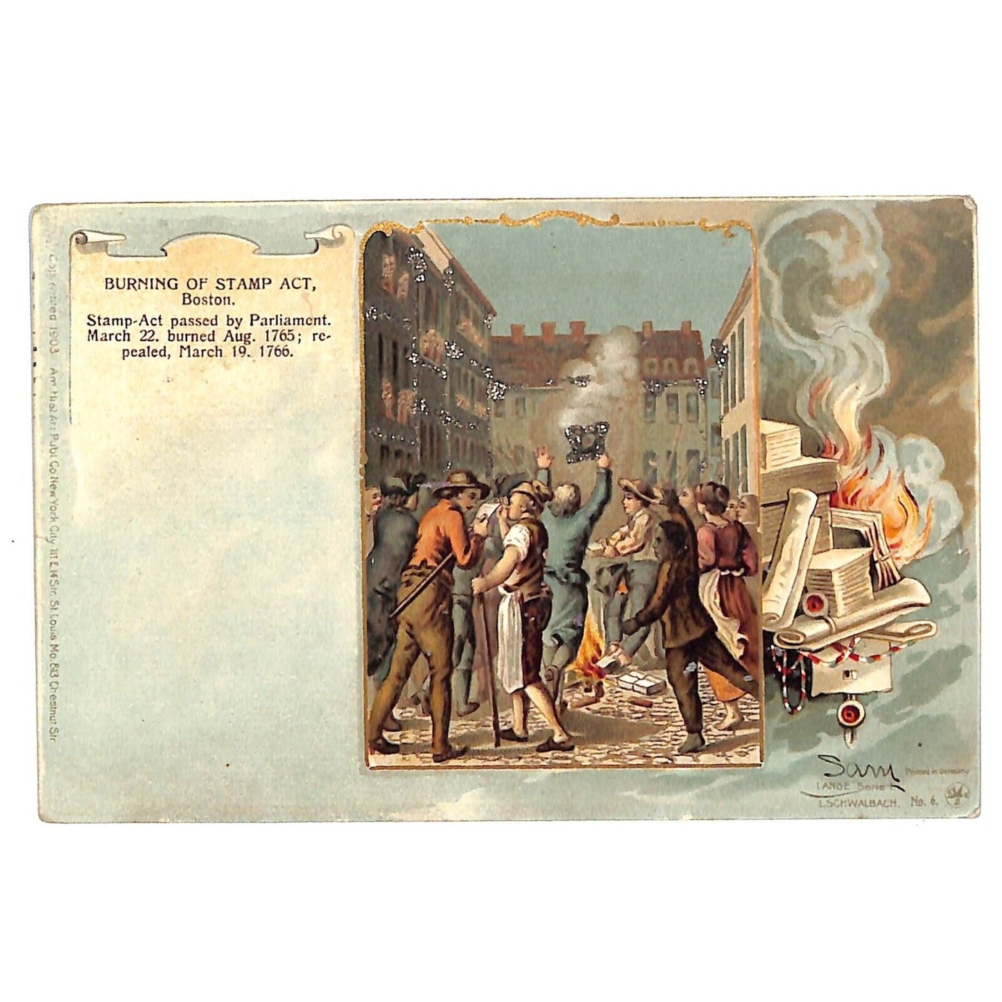 Burning of the Stamp Act 1765 Patriotic Postcard c1903 w/ Glitter