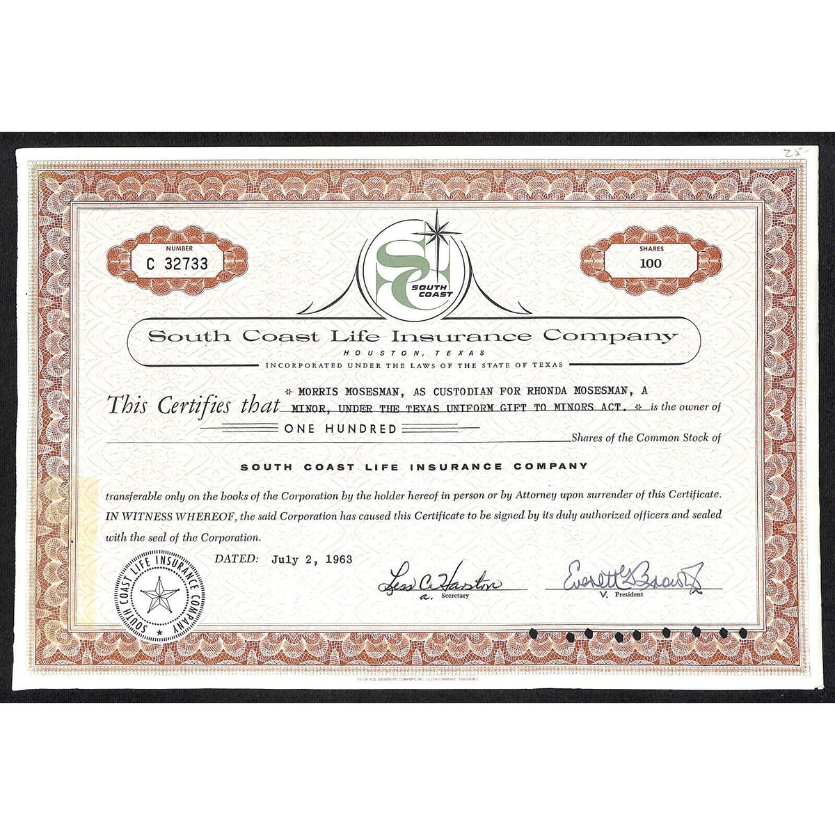 South Coast Life Insurance Co. Texas 1963 Stock Certificate Morris Mosesman