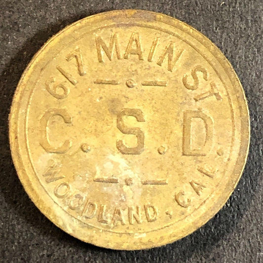 G/F 5c Charles Dunlap Cigars C.S.D. c1920's Brass Trade Token 21mm - Woodland CA