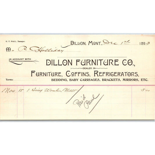Dillon MT Dillon Furniture 1893 Coffins Baby Carriage Billhead R.C. Halliday*