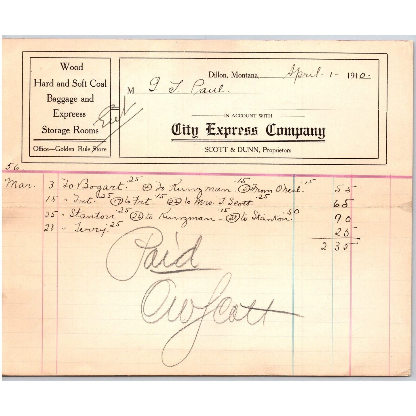 Dillon, MT City Express Company Scott & Dunn 1910 Billhead G.T. Paul*