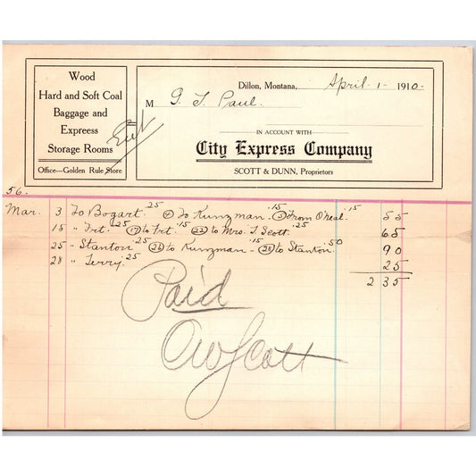 Dillon, MT City Express Company Scott & Dunn 1910 Billhead G.T. Paul*
