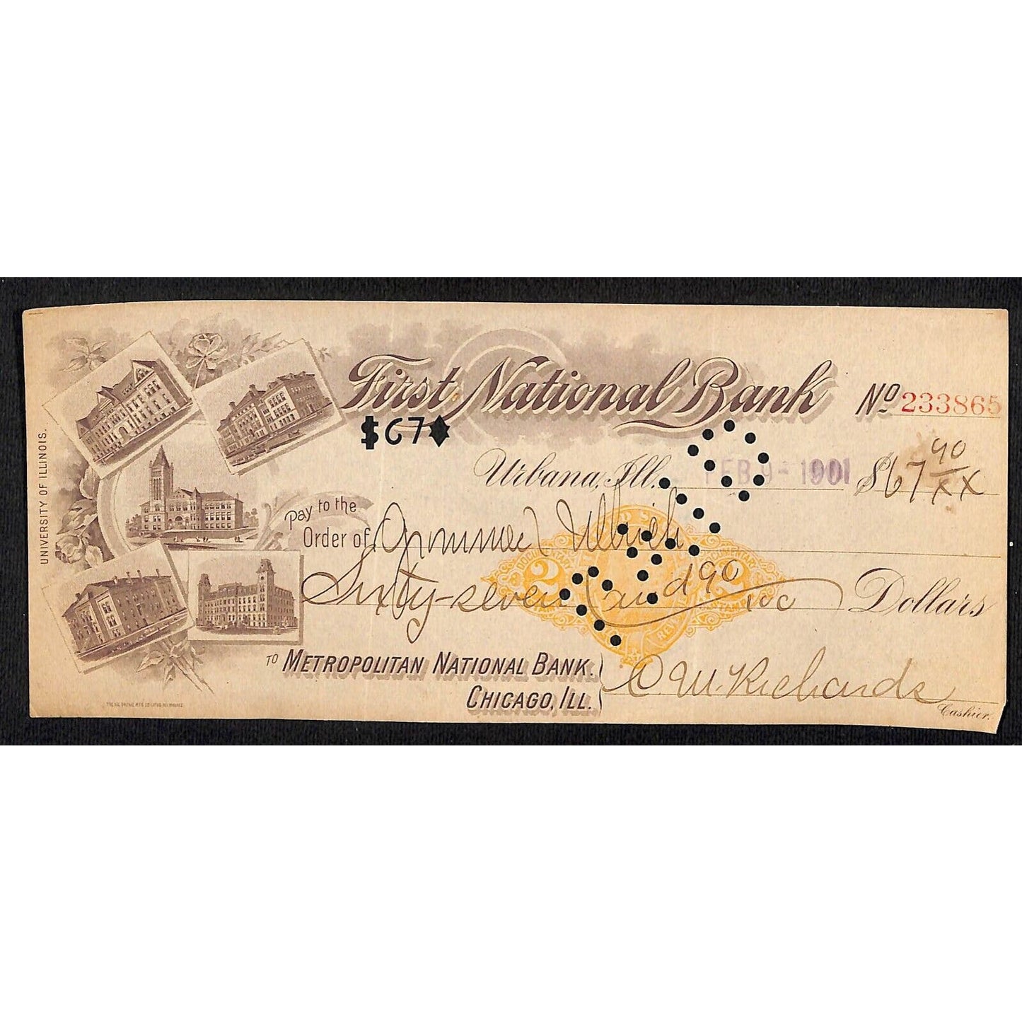 FNB Urbana, IL $67 1901 Bank Check Revenue Stamp w/ University Bldg. Vignettes