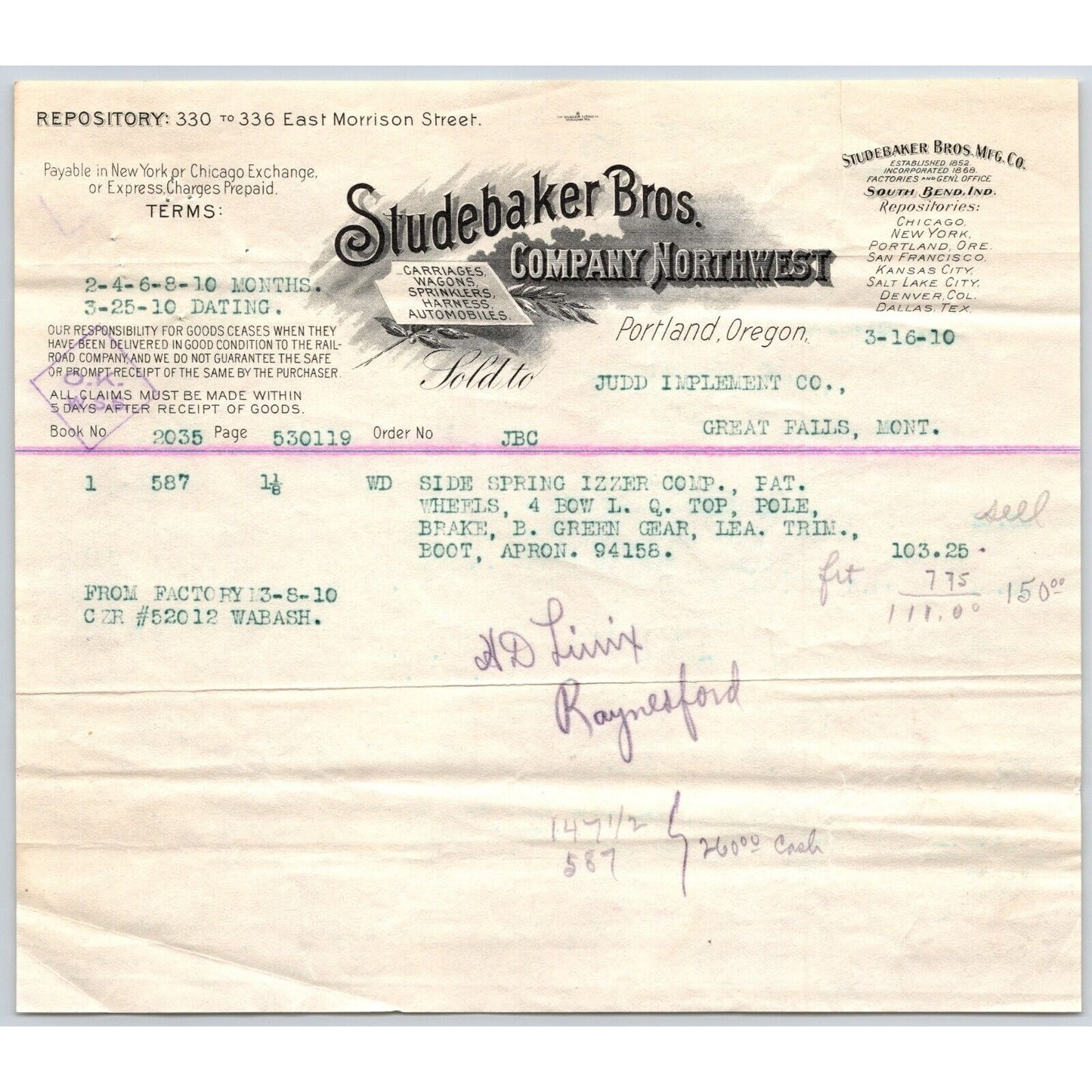 Studebaker Bros. Mfg. Co. Carriages Portland, OR 1910 Billhead VGC