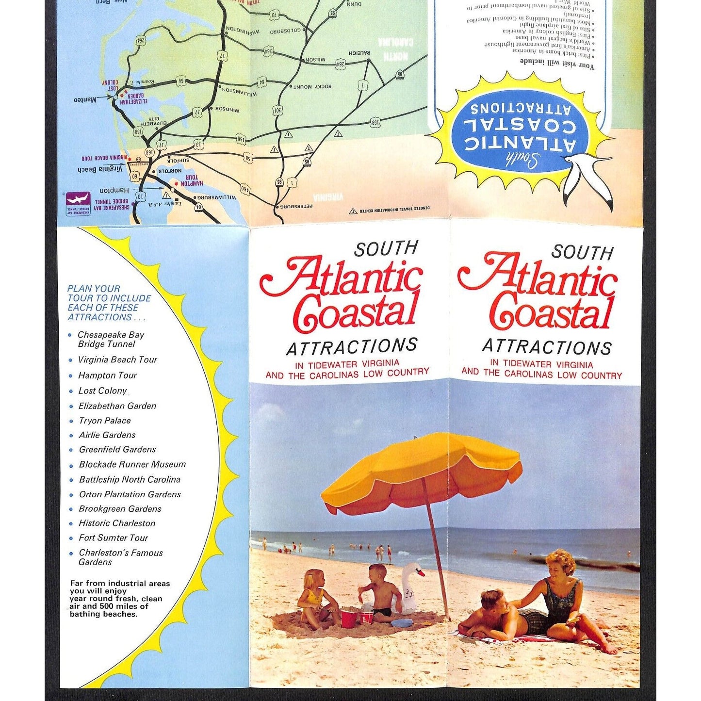 South Atlantic Coastal Attractions 1971 Fold Out Travel Map / Brochure VGC