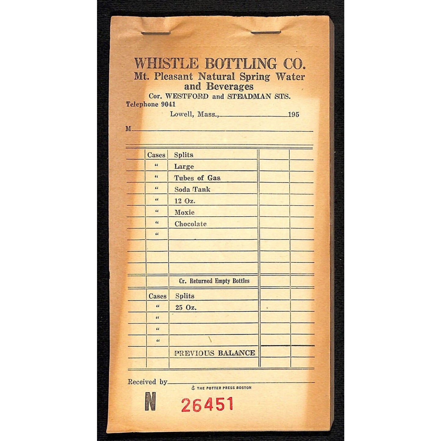 Whistle Bottling Co. Lowell, MA 1950's 50 Double Sheet Receipt Pad w/ Carbon