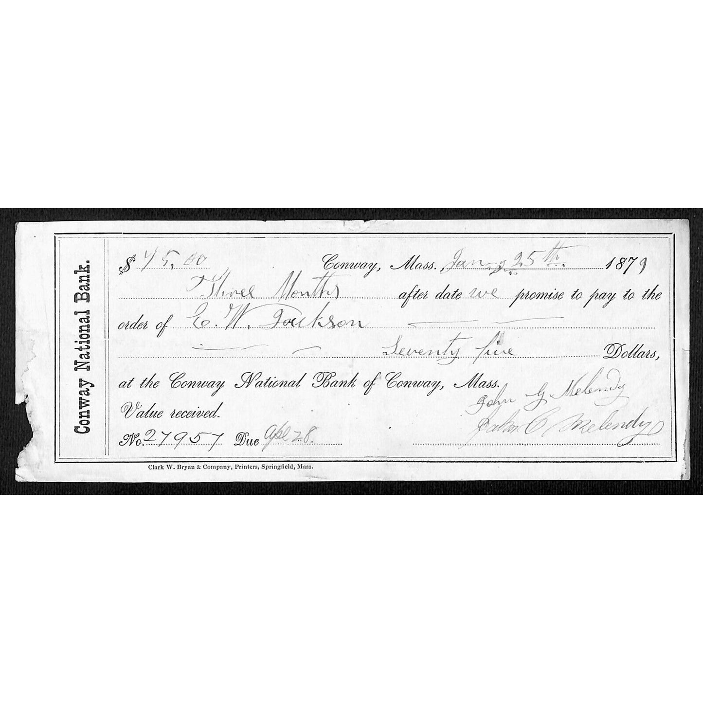 1879 Conway National Bank Greenfield MASS $45 E.W. Jackson Promissory Note